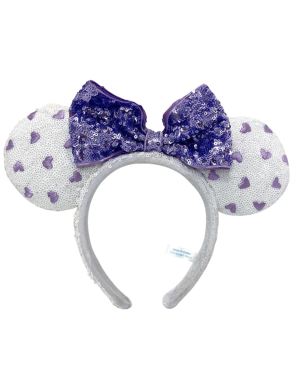 Disney Purple Heart White Sequin Minnie Mickey Mouse Ear Bow Headband